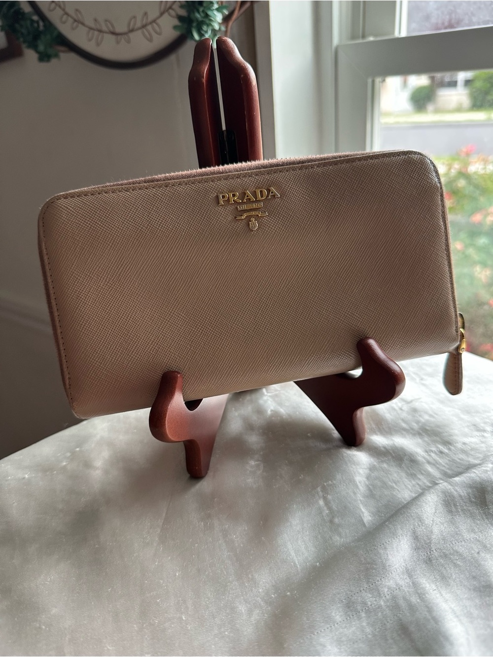 Prada Zip-Around Saffiano Wallet in Blush Beige with Gold Logo